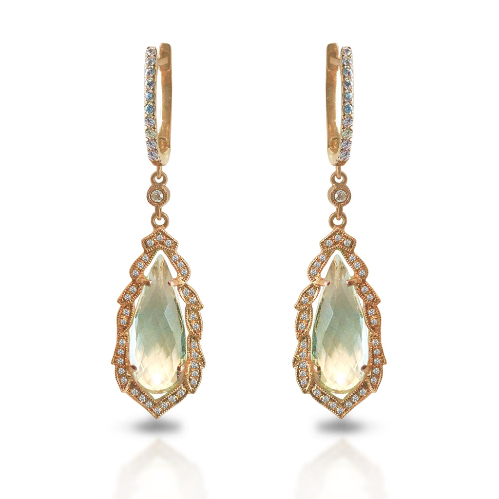 14K Ornate Green Amethyst Diamond Earrings ME2155