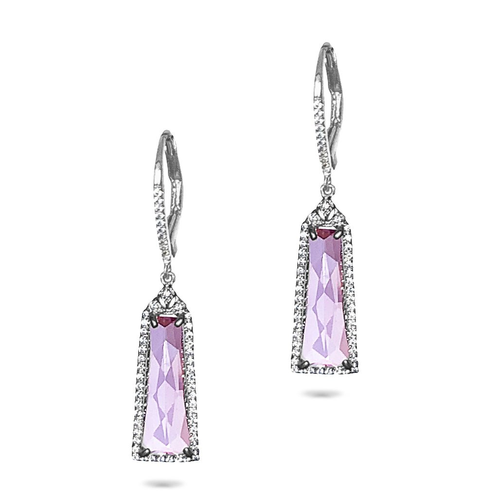 14k Gold Baguette Pink Amethyst Diamond Dangle Earrings ME23751