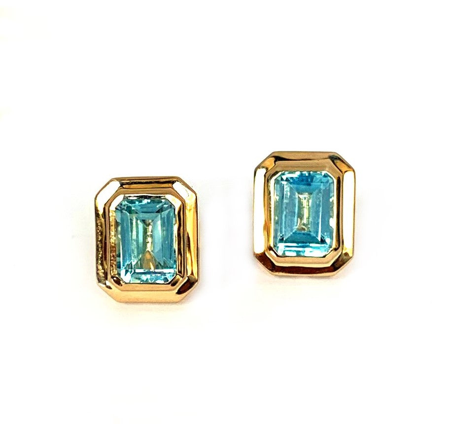 14k gold emerald cut blue topaz earrings ME2496BT