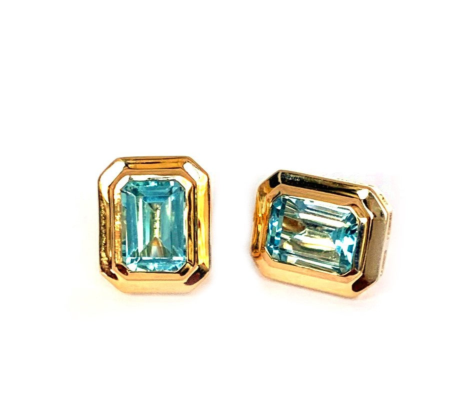 14k gold emerald cut blue topaz earrings ME2496BT