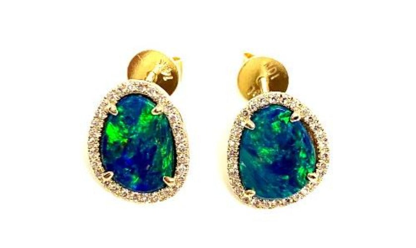 14k gold irregular oval shape stud opal and diamond earrings ME26914