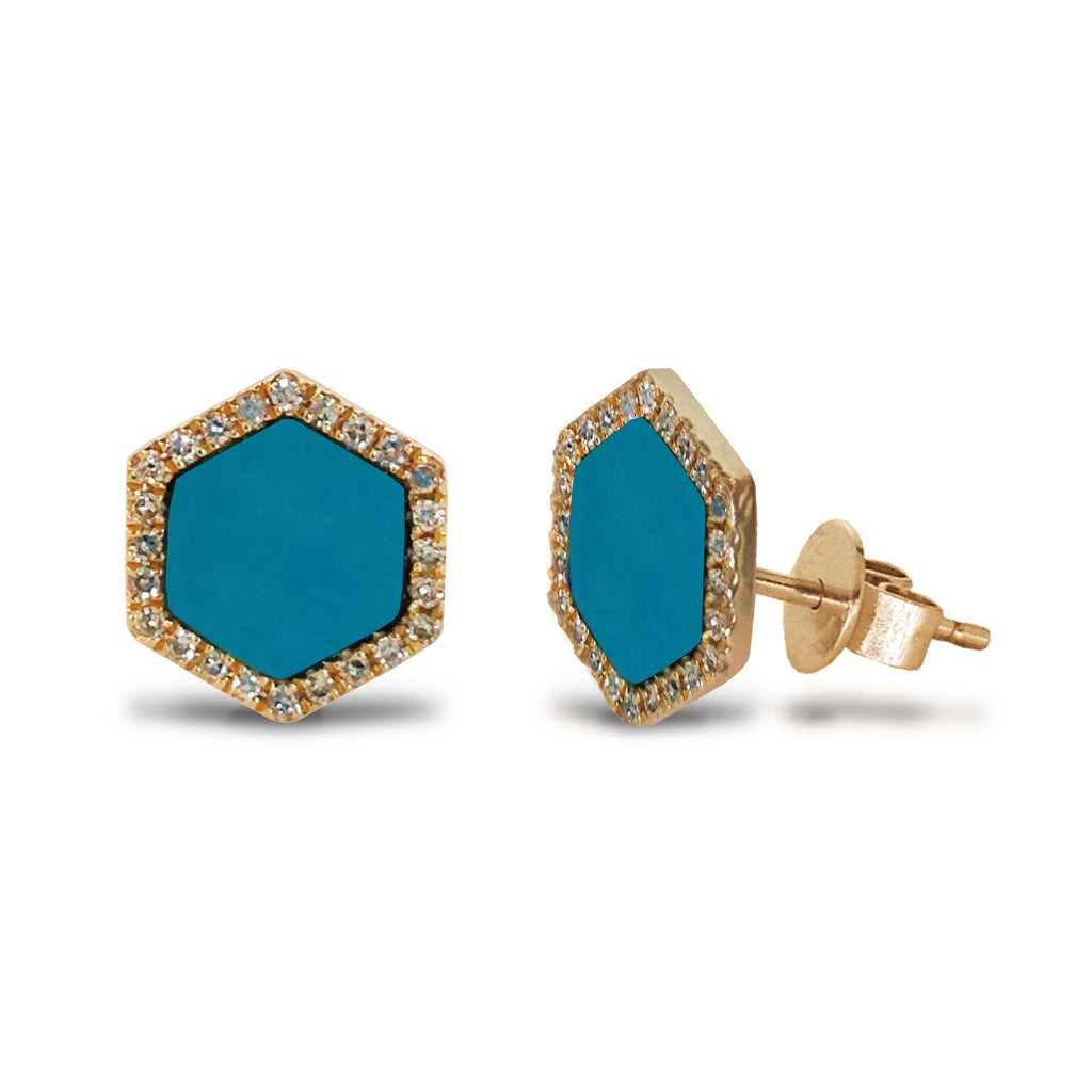 14K Gold Diamond Hexagon Turquoise Stud Earring ME2993TQ