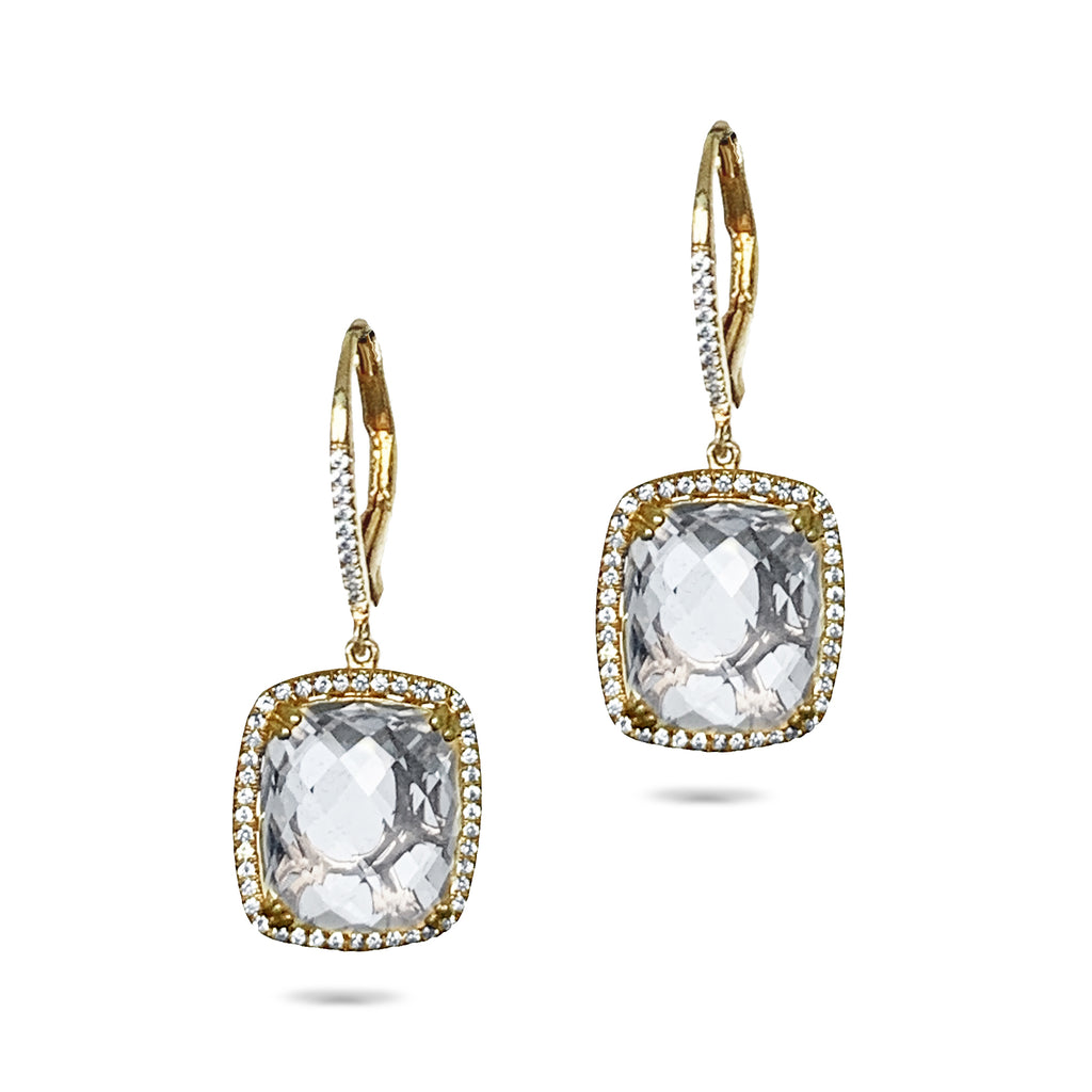 14k gold diamond cushion cut white topaz hoop dangle earrings ME31356