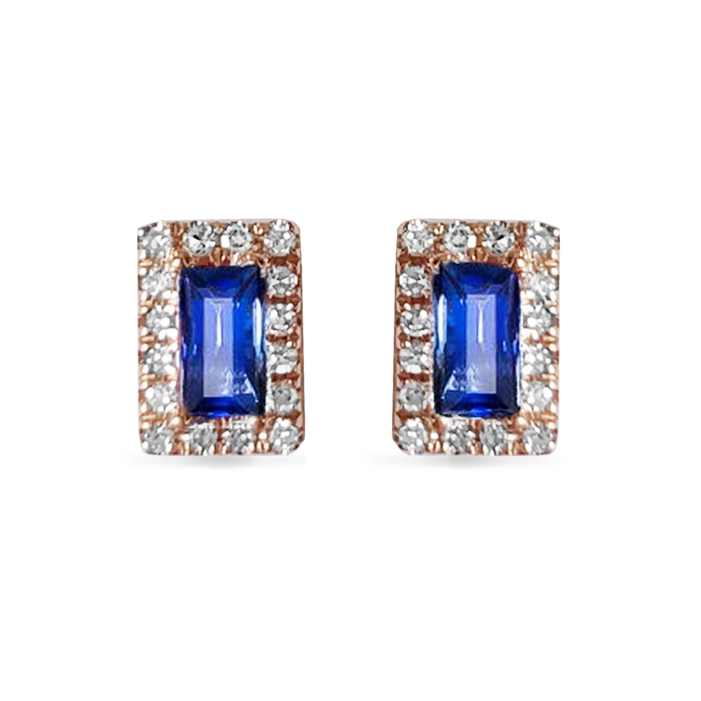 14K Halo Baguette Sapphire & Diamond Studs ME46332S