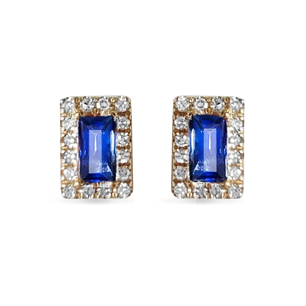 14K Halo Baguette Sapphire & Diamond Studs ME46332S
