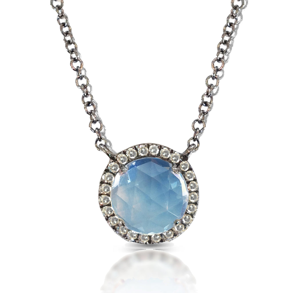 14K Round Halo Diamond & Blue Topaz Necklace MN21894BT
