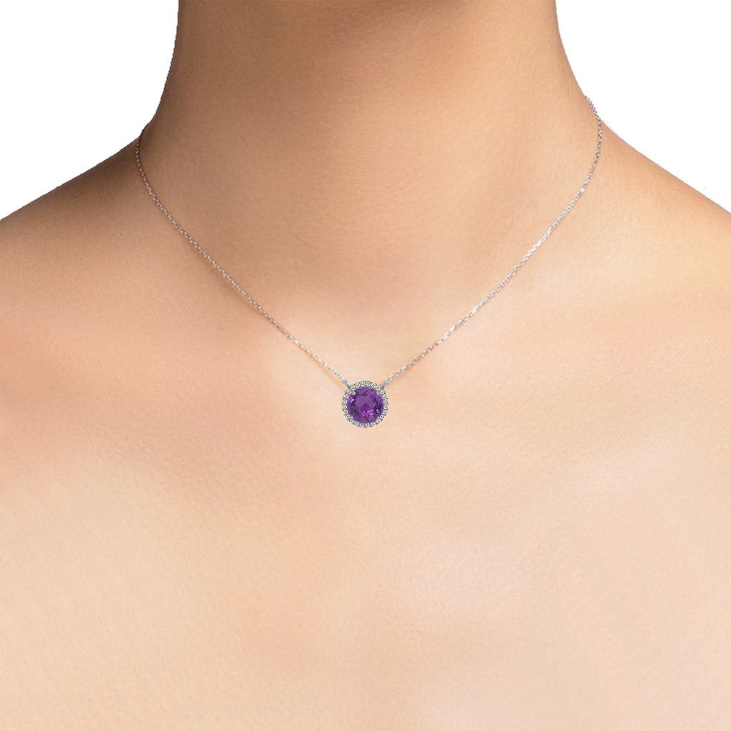 14K Gold Diamond Round Amethyst Halo Necklace MN21894AM