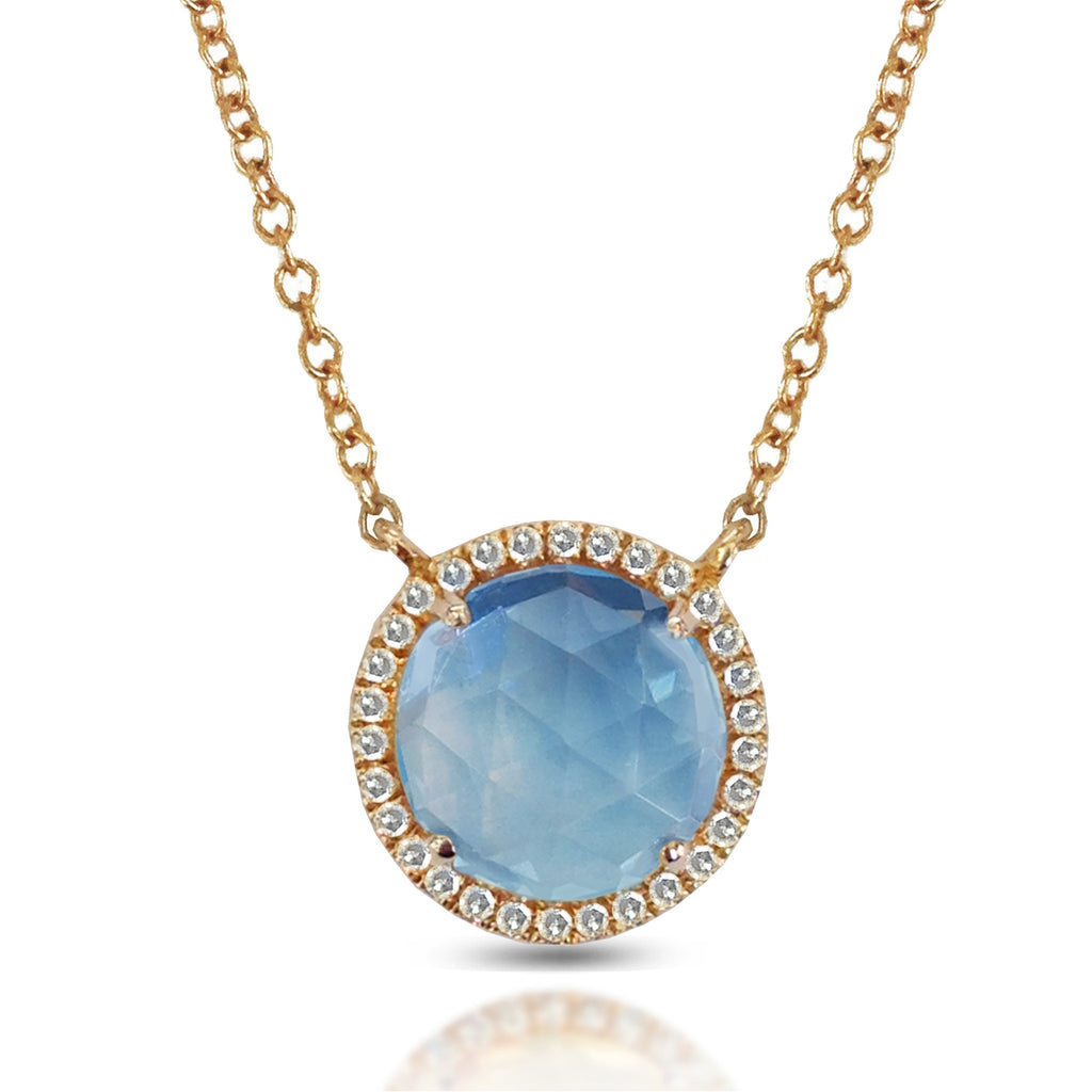 14K Gold Round Halo Diamond & Blue Topaz Necklace MN22498BT
