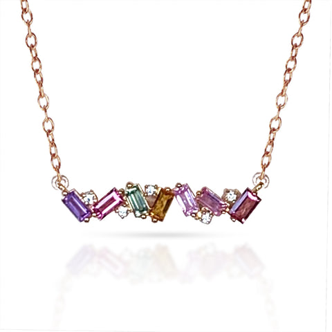 14k multi color baguettes butterfly necklace MN3344