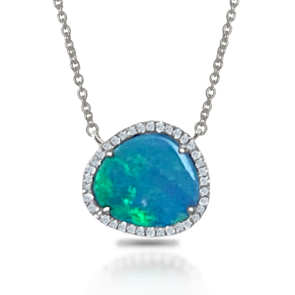 14k oval shape blue opal halo necklace MN71678OP