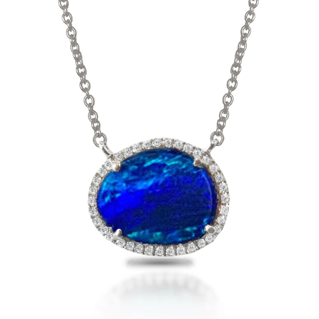 14k oval shape blue opal halo necklace MN71678OP