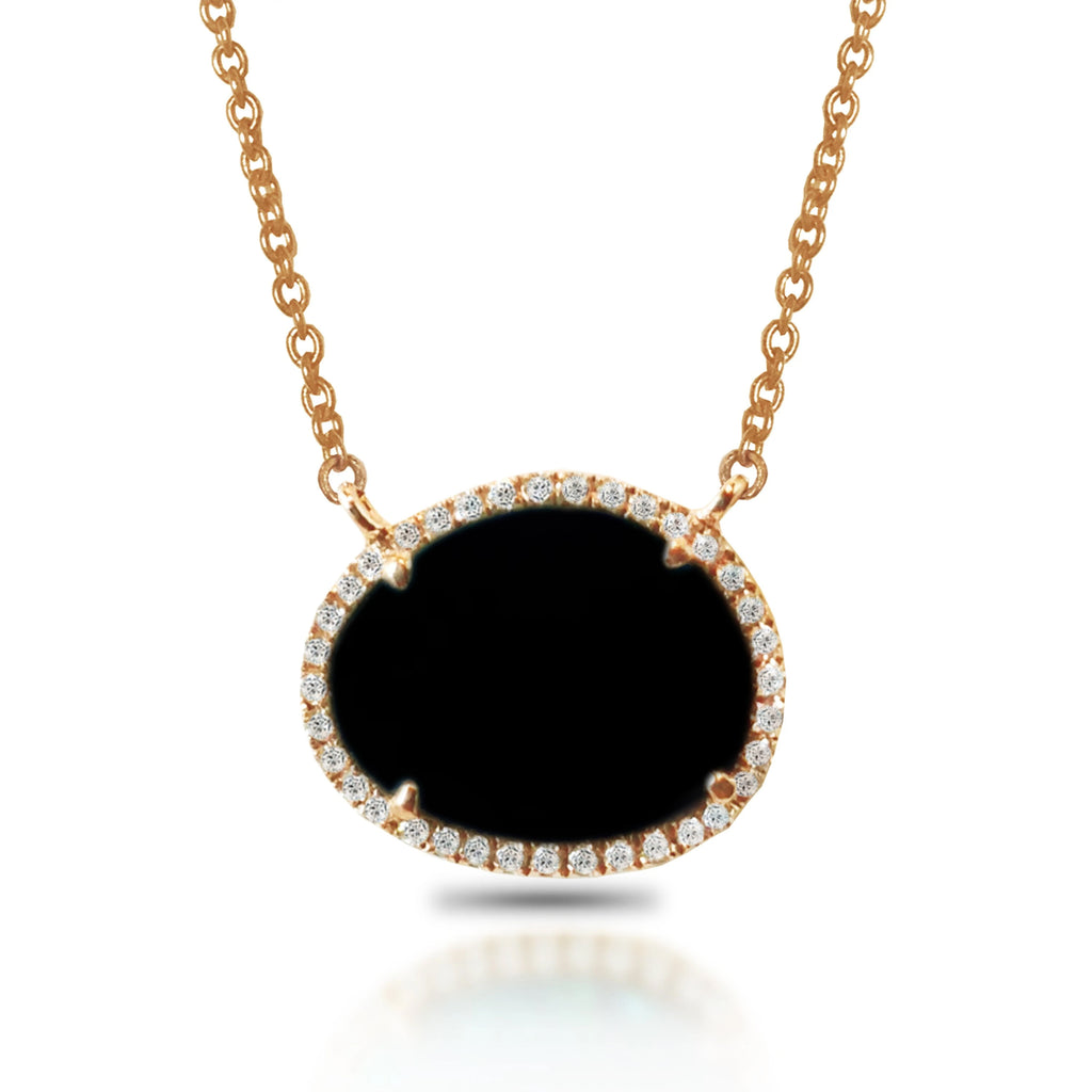 14k oval shape black onyx halo necklace MN71678OX