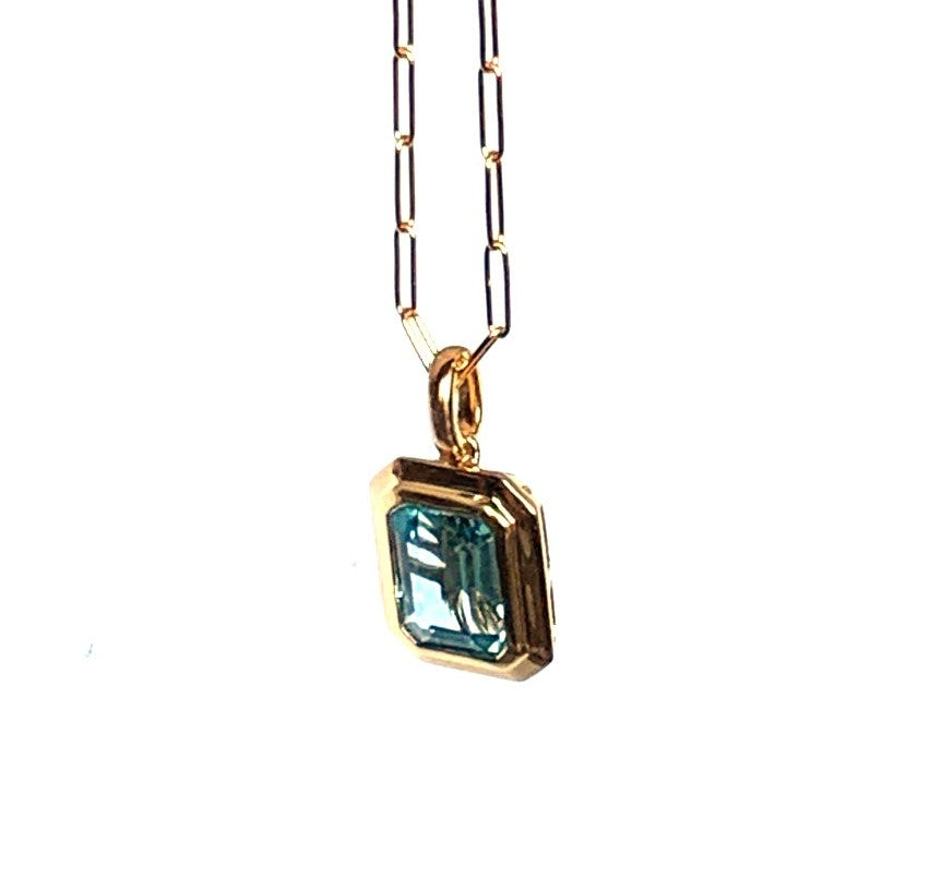 14k gold emerald cut blue topaz pendant MP3478BT