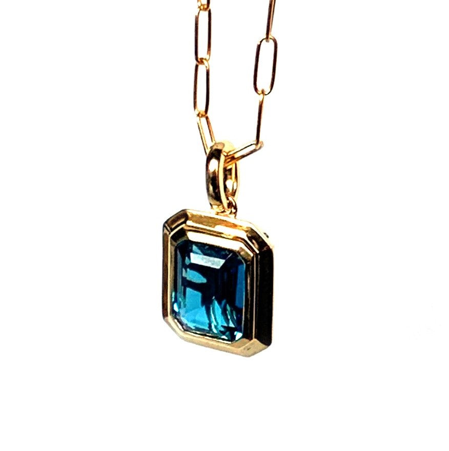 14k gold emerald cut london blue topaz pendant MP3478LBT