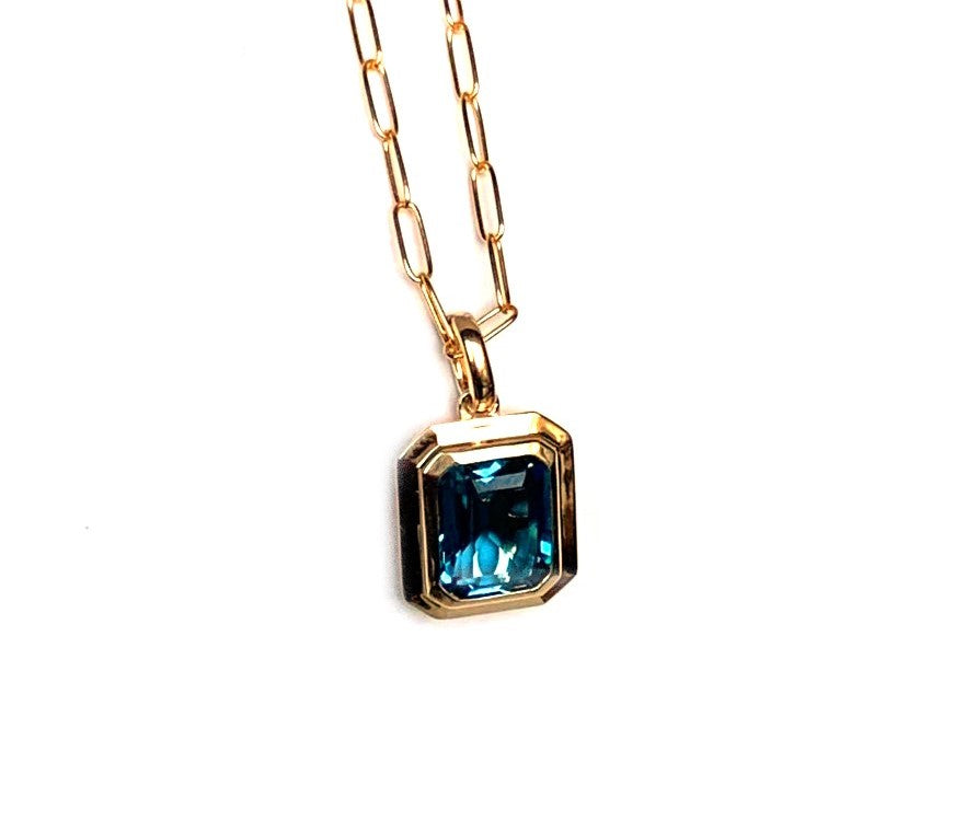 14k gold emerald cut london blue topaz pendant MP3478LBT