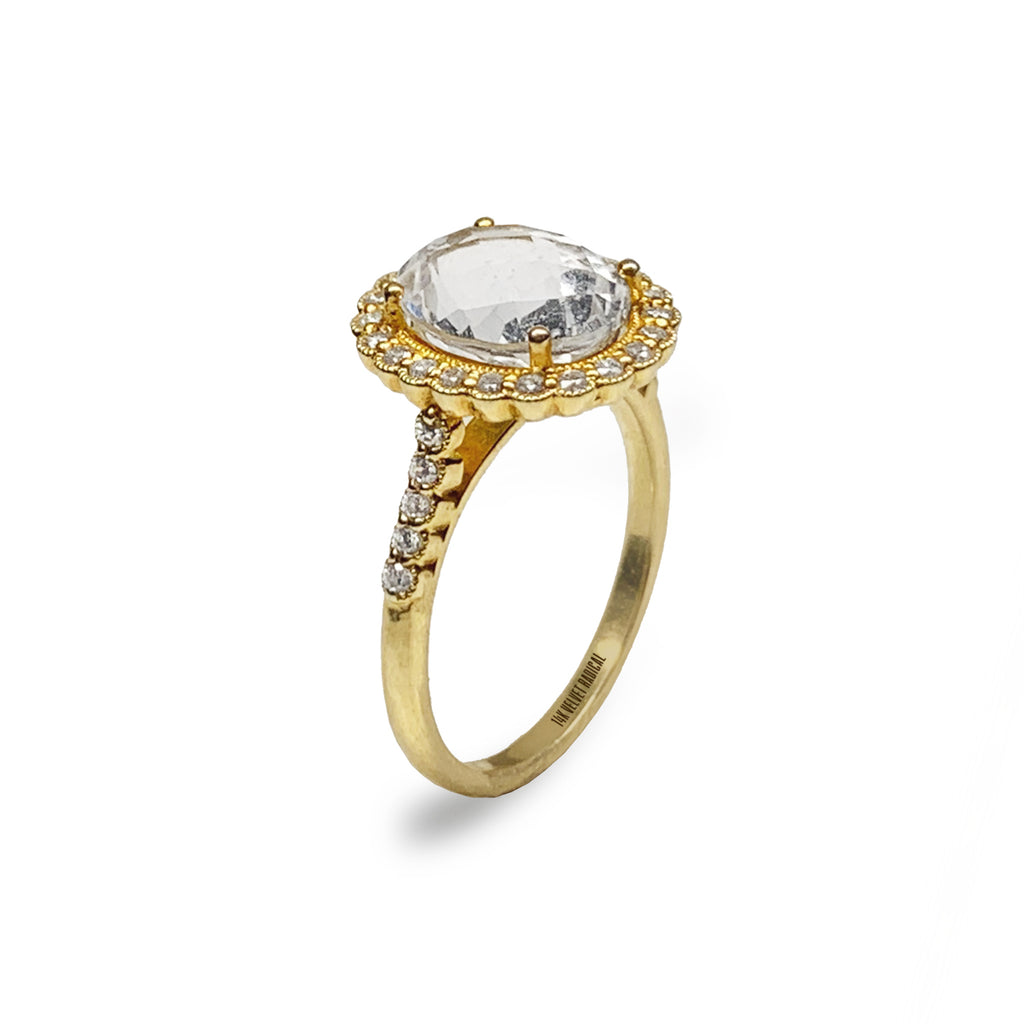 Anel de noivado de topázio branco oval de ouro 14k MR31591E