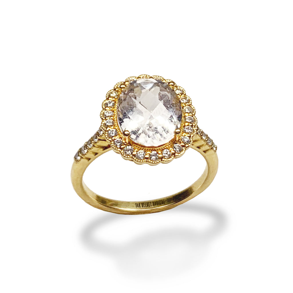 Anel de noivado de topázio branco oval de ouro 14k MR31591E
