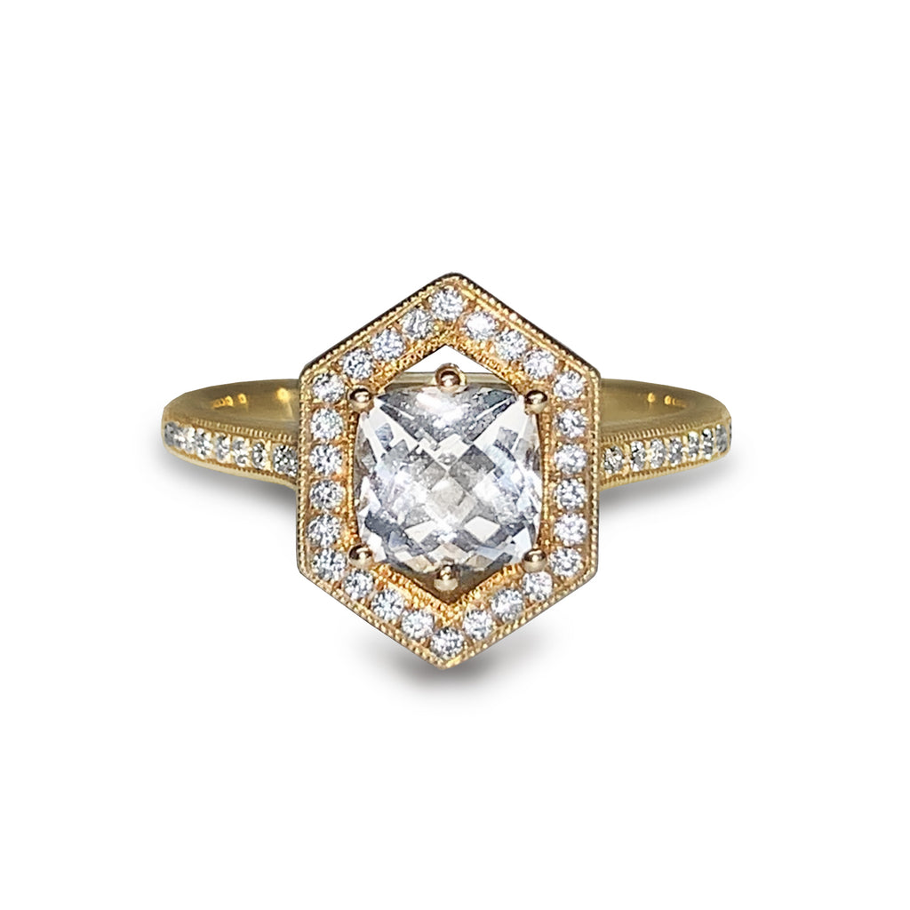 Anel de noivado de topázio branco hexágono ouro 14k MR31592E