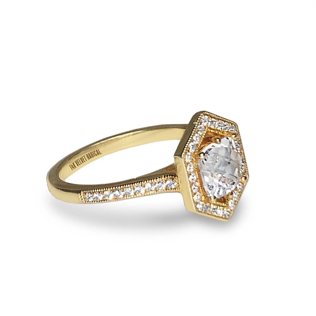 Anel de noivado de topázio branco hexágono ouro 14k MR31592E