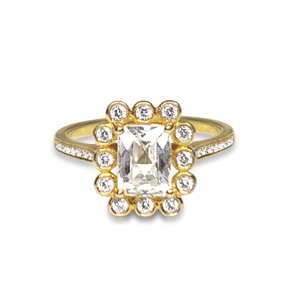 Anel de noivado de topázio branco com corte esmeralda em ouro 14k MR31594WTE