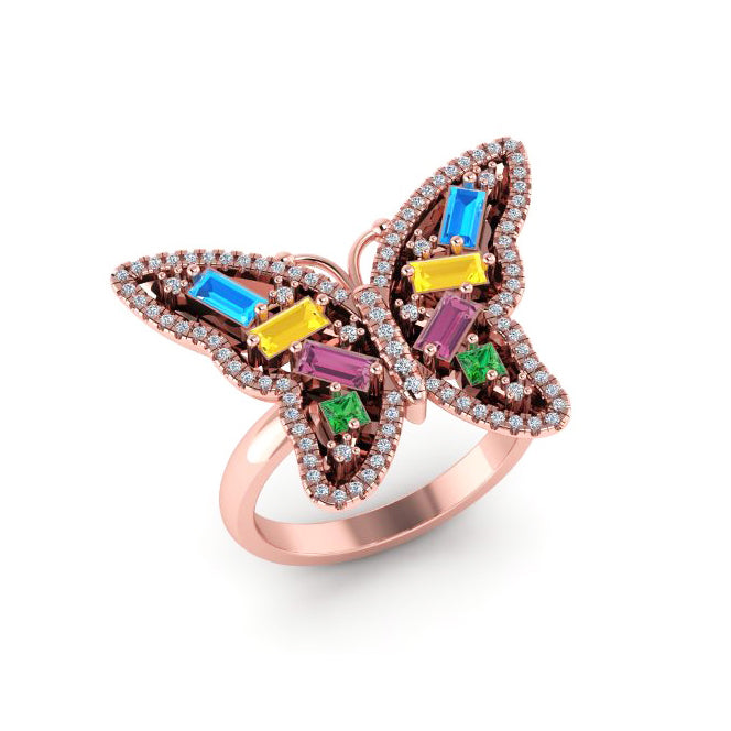 14k gold multi color baguette fashion butterfly ring MR4449