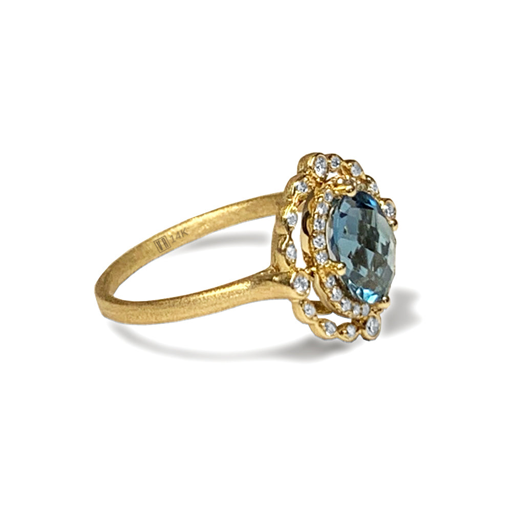 14k gold vintage diamond london blue topaz ring MR45088