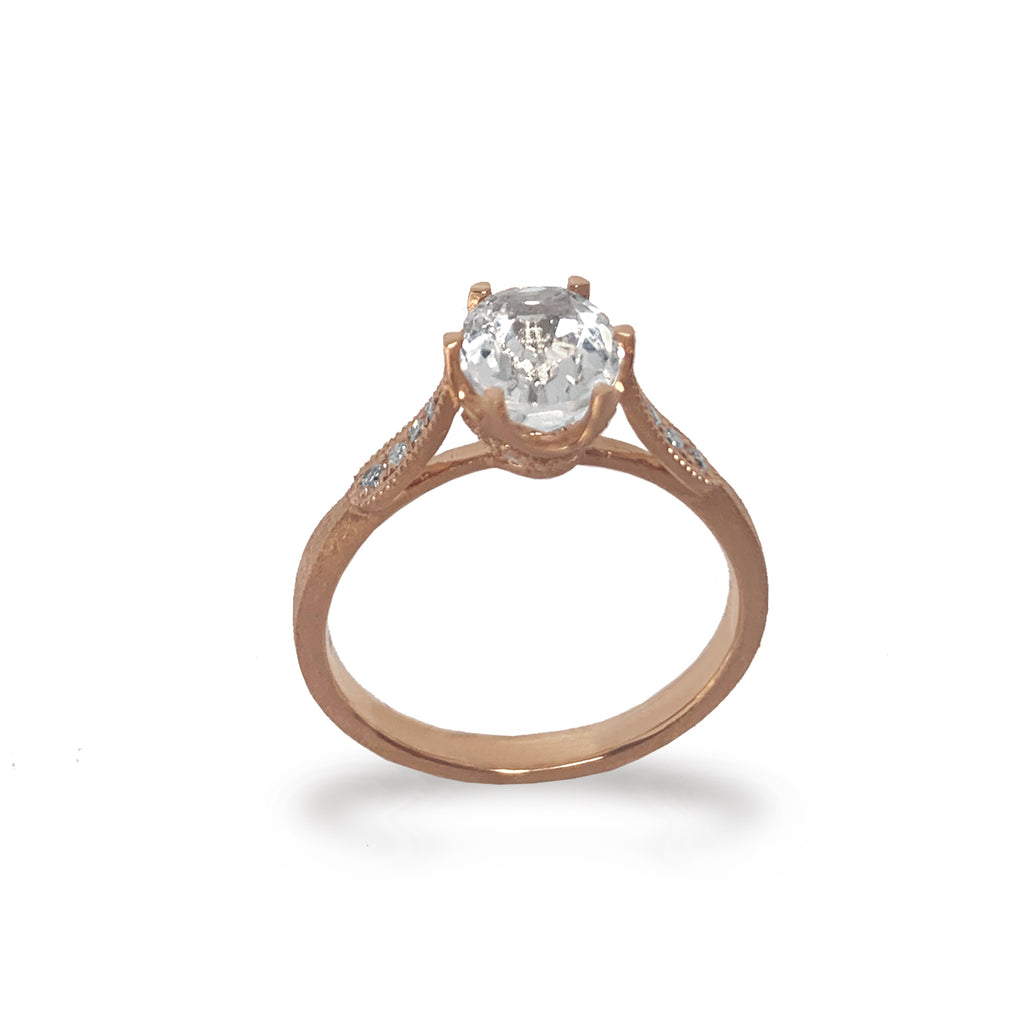 14K Brushed Gold Diamond Oval White Topaz Engagement Ring MR45160