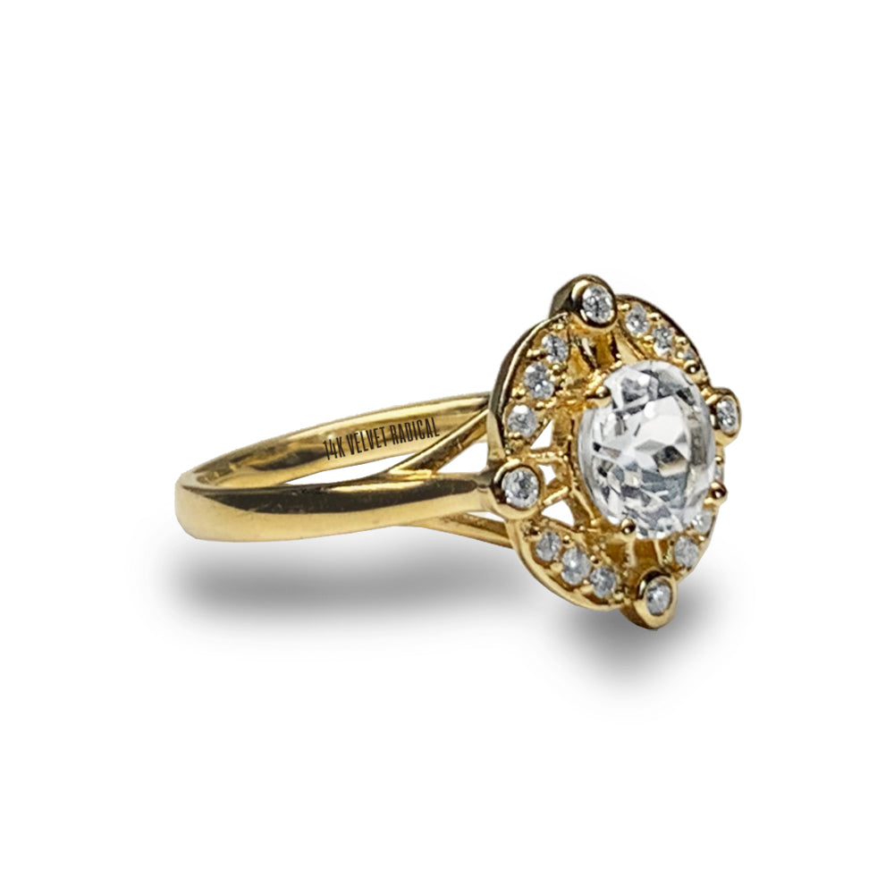 Anel de noivado de topázio branco e diamante exclusivo em ouro 14k MR45172