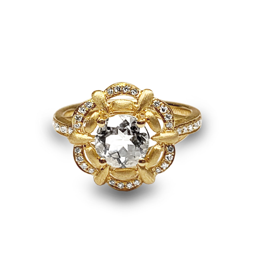 14k matt gold clover diamond white topaz engagement ring MR45176
