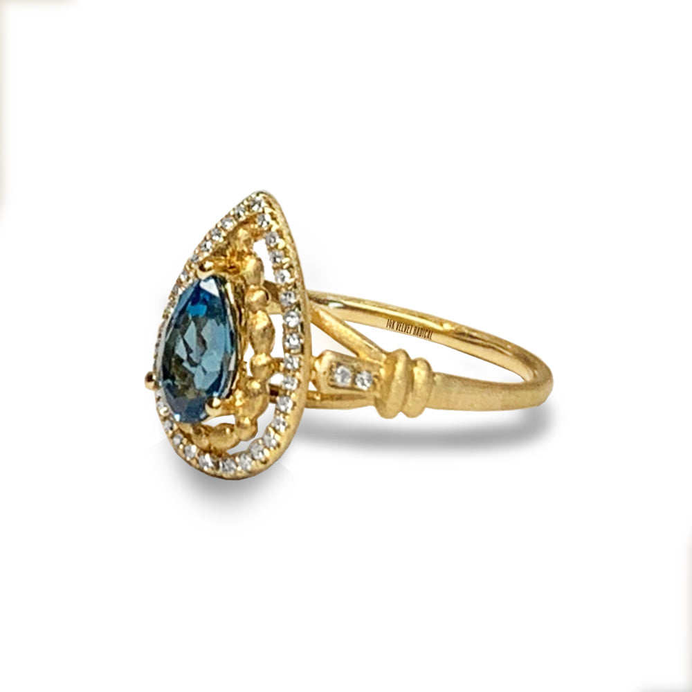 14k matt gold drop london blue topaz fashion ring MR45179