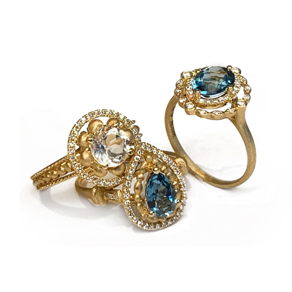 14k matt gold drop london blue topaz fashion ring MR45179