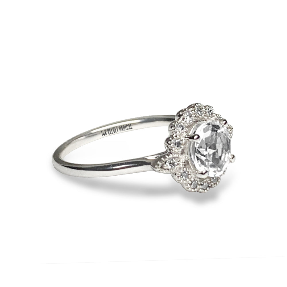 Anel de noivado de topázio branco halo ouro 14k MR45181