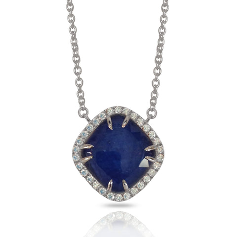 14K Gold Round Halo Diamond & Blue Topaz Necklace MN22498BT