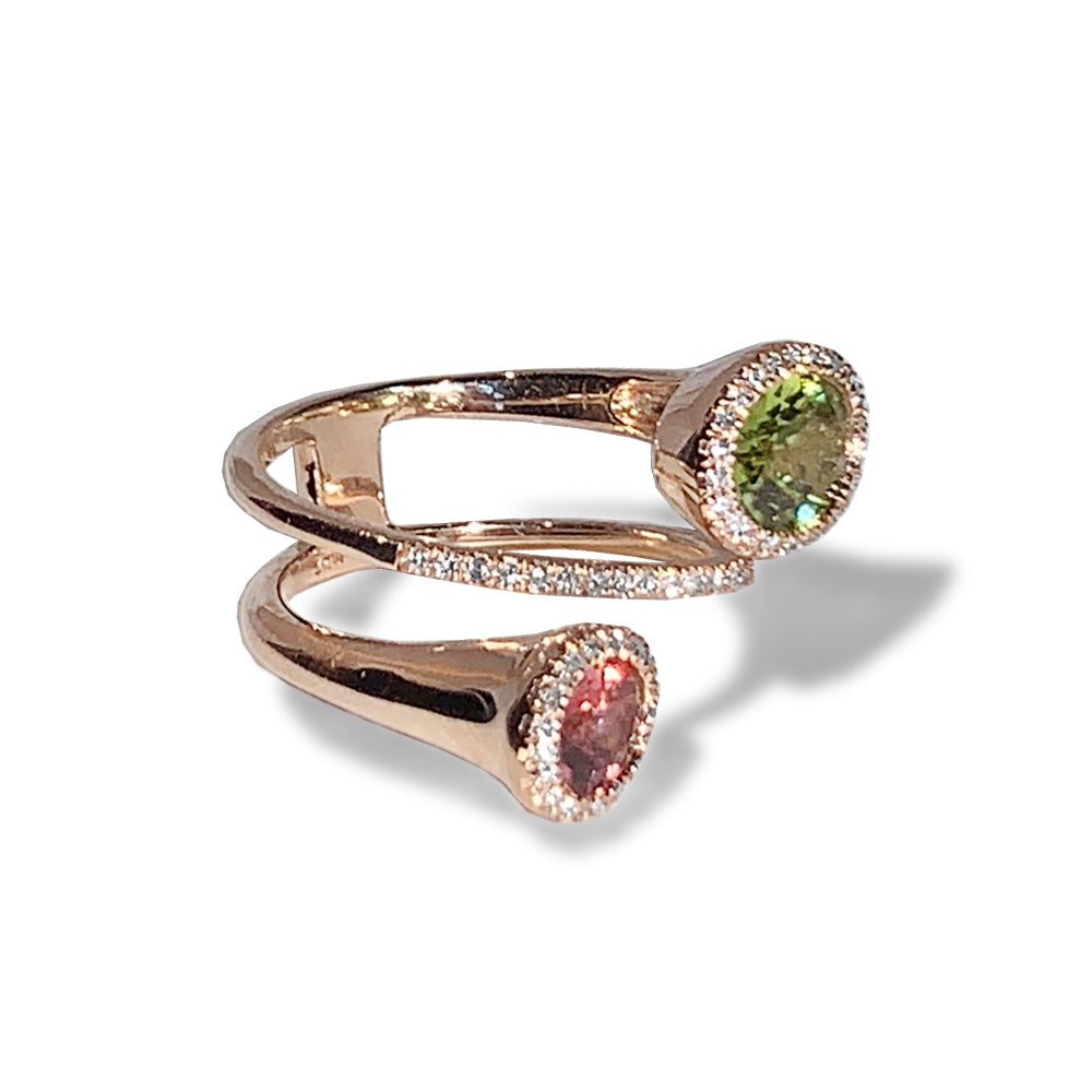 14k gold bypass pink tourmaline peridot ring R7483