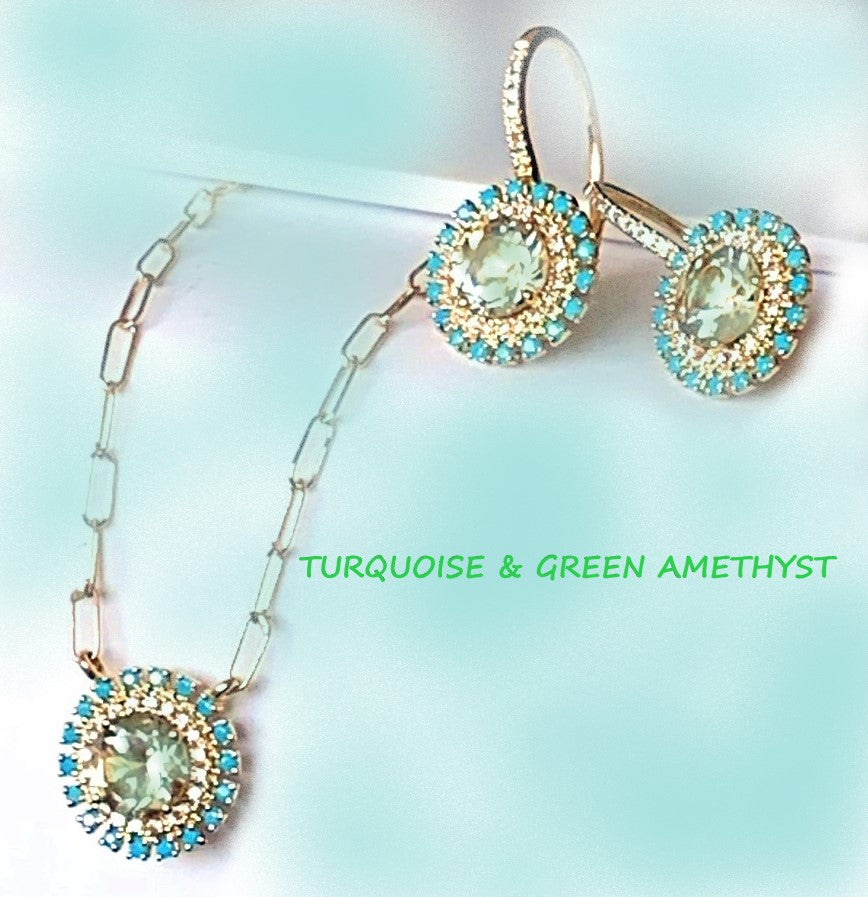 14K round turquoise & green amethyst diamond earrings ME2434YAMG