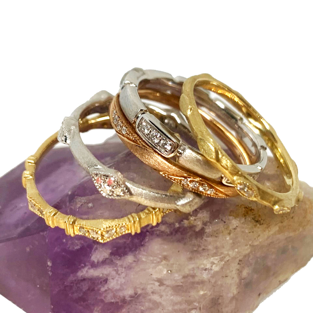 14K Brushed Gold Diamond Wedding Band Stack Ring SR45161