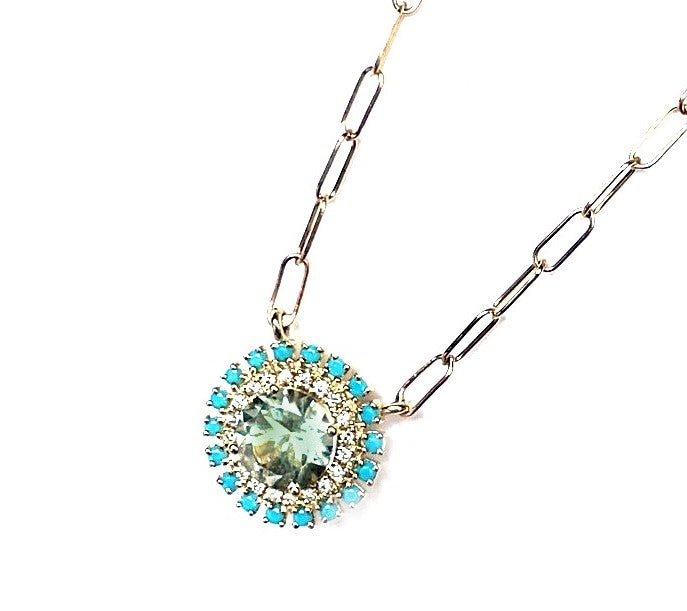 14k round turquoise, geen amethyst & diamond necklace MN0756YAMG