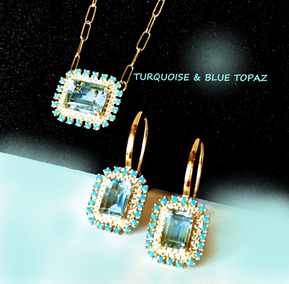 14K emerald cut blue topaz earring surrounded by turquoise & small brilliant diamonds ME2433ybt