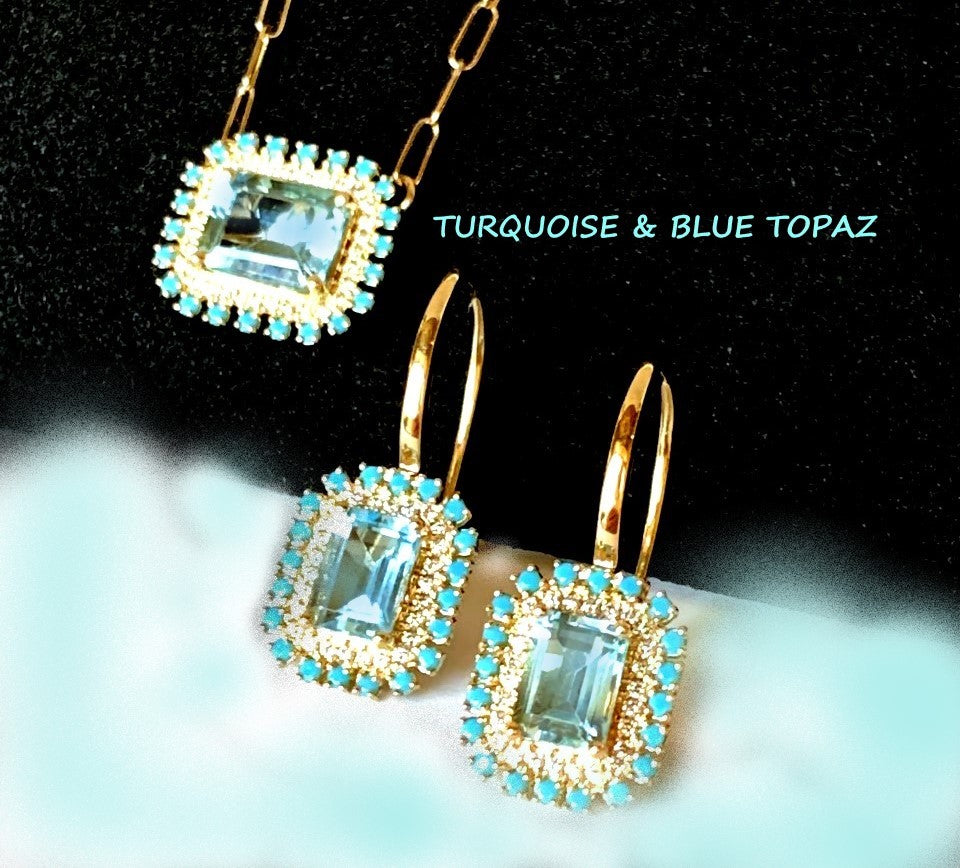 14k emerald cut blue topaz, turquoise & diamond necklace MN0755YBT