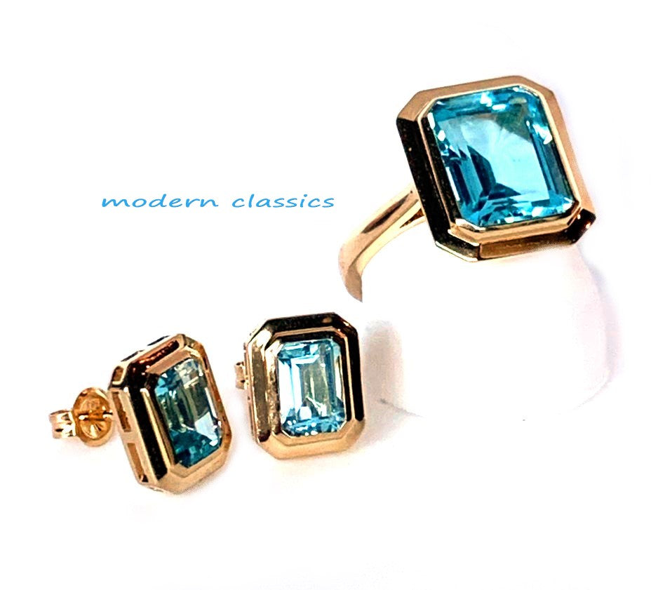 14k gold emerald cut blue topaz pendant MP3478BT