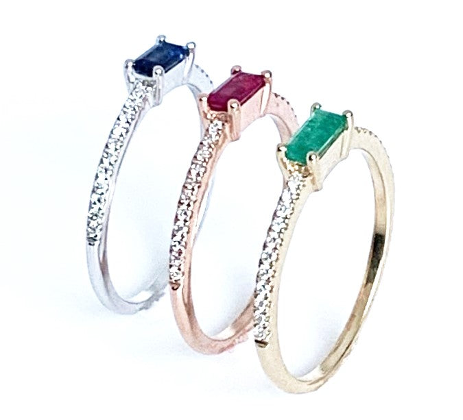 14K gold baguette sapphire & diamond mini hoop earrings ME2421DBS