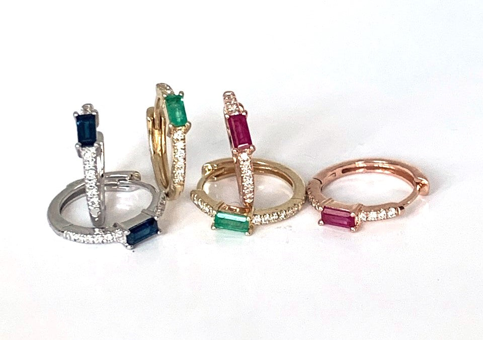 14K gold baguette ruby & diamond mini hoop earrings ME2421DR