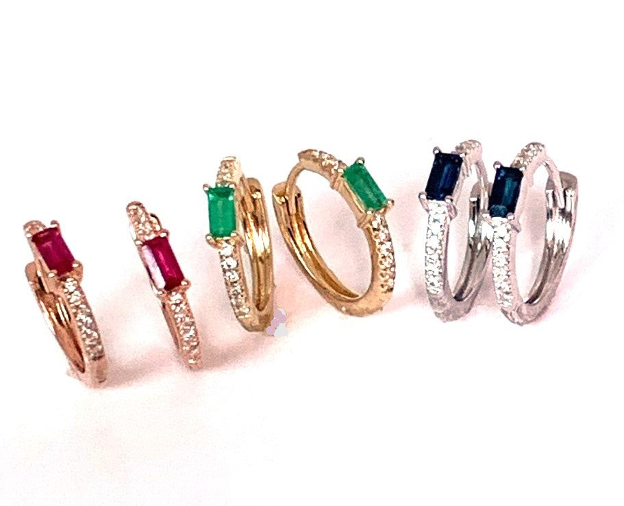 14K gold baguette ruby & diamond mini hoop earrings ME2421DR