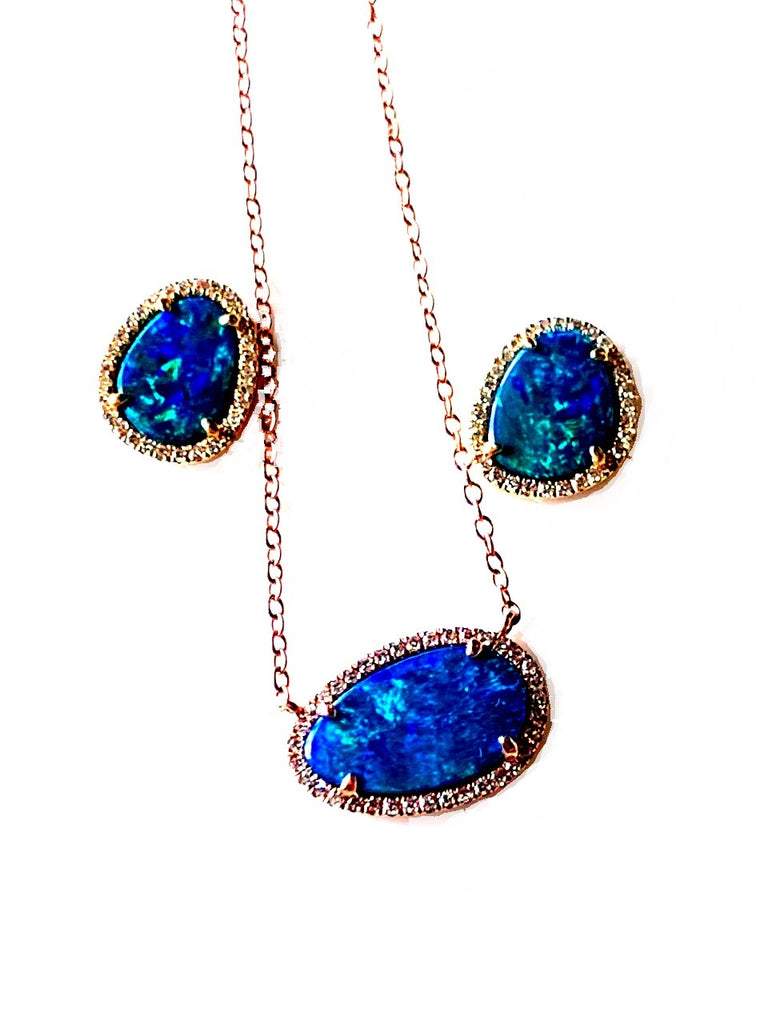 14k gold irregular oval shape stud opal and diamond earrings ME26914