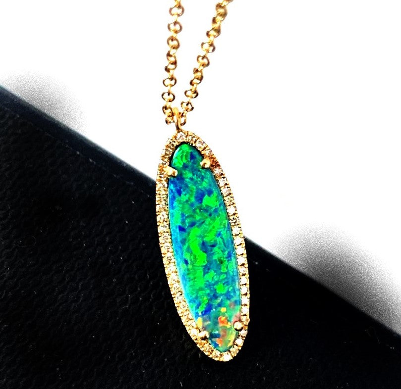 14k gold elongated oval shape opal and diamond necklace MN26193OP