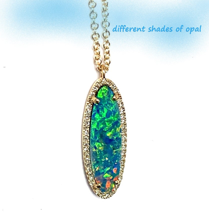 14k gold elongated oval shape opal and diamond necklace MN26193OP