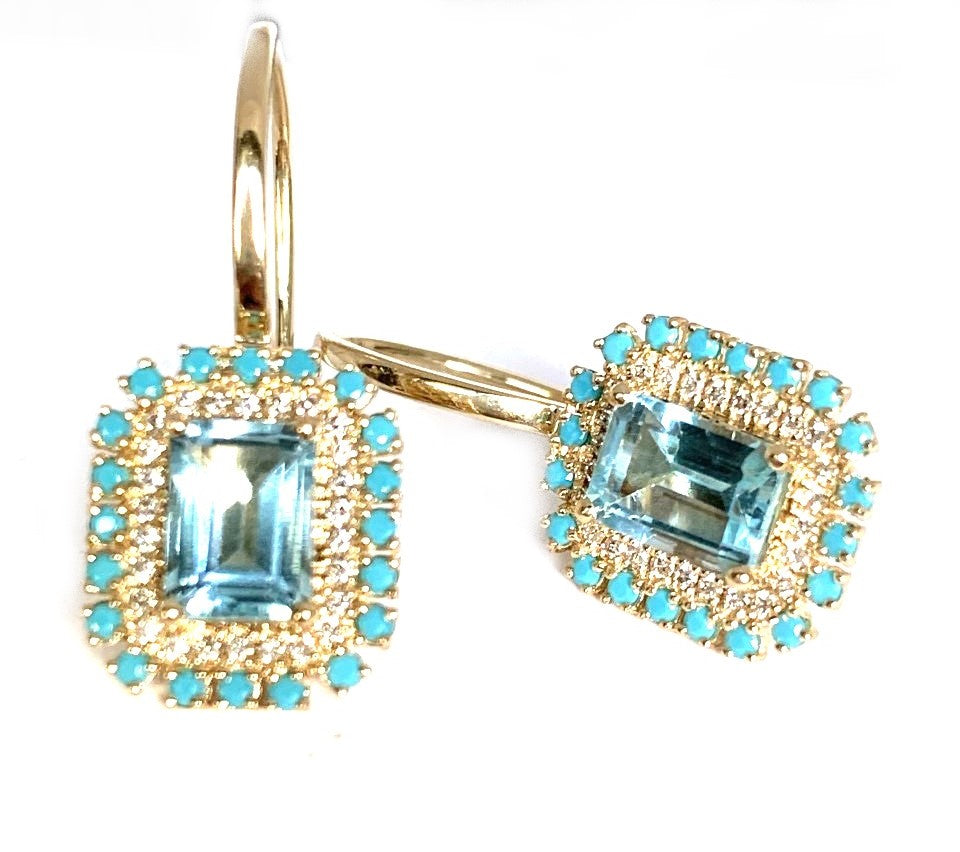 14K emerald cut blue topaz earring surrounded by turquoise & small brilliant diamonds ME2433ybt