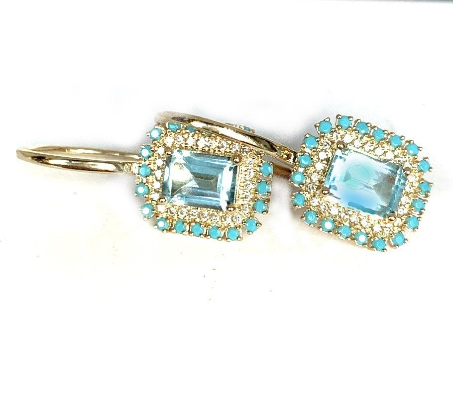 14K emerald cut blue topaz earring surrounded by turquoise & small brilliant diamonds ME2433ybt