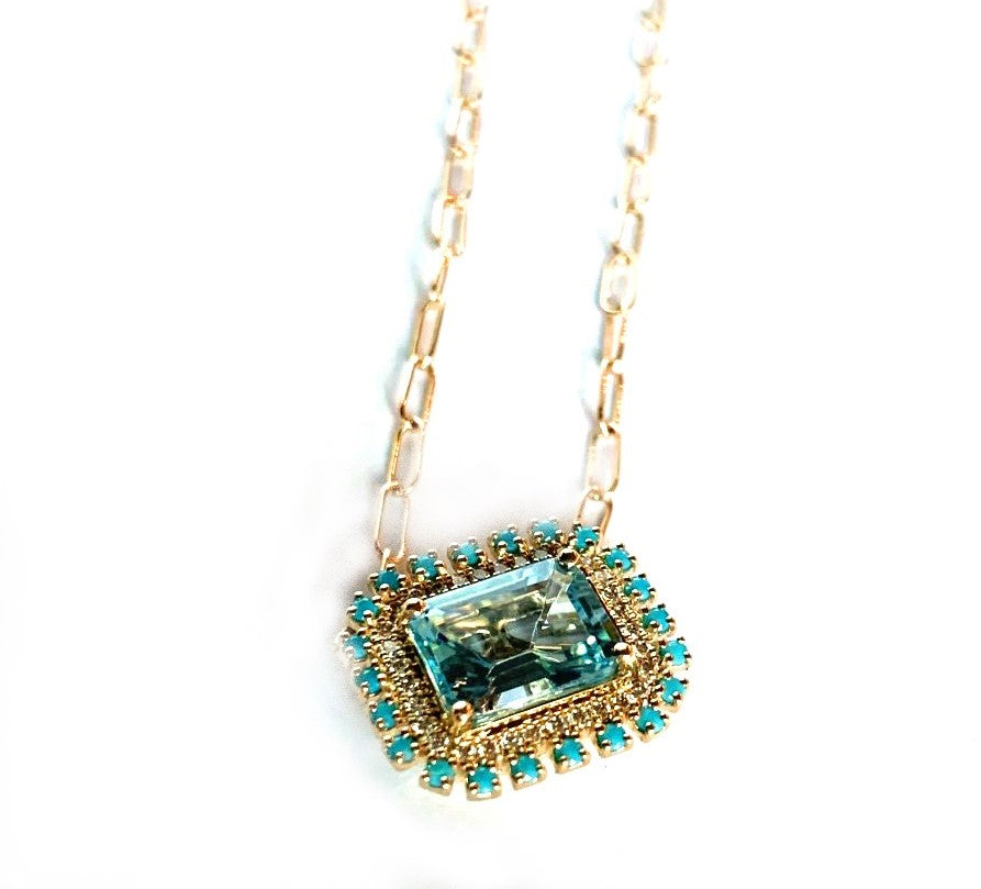 14k emerald cut blue topaz, turquoise & diamond necklace MN0755YBT