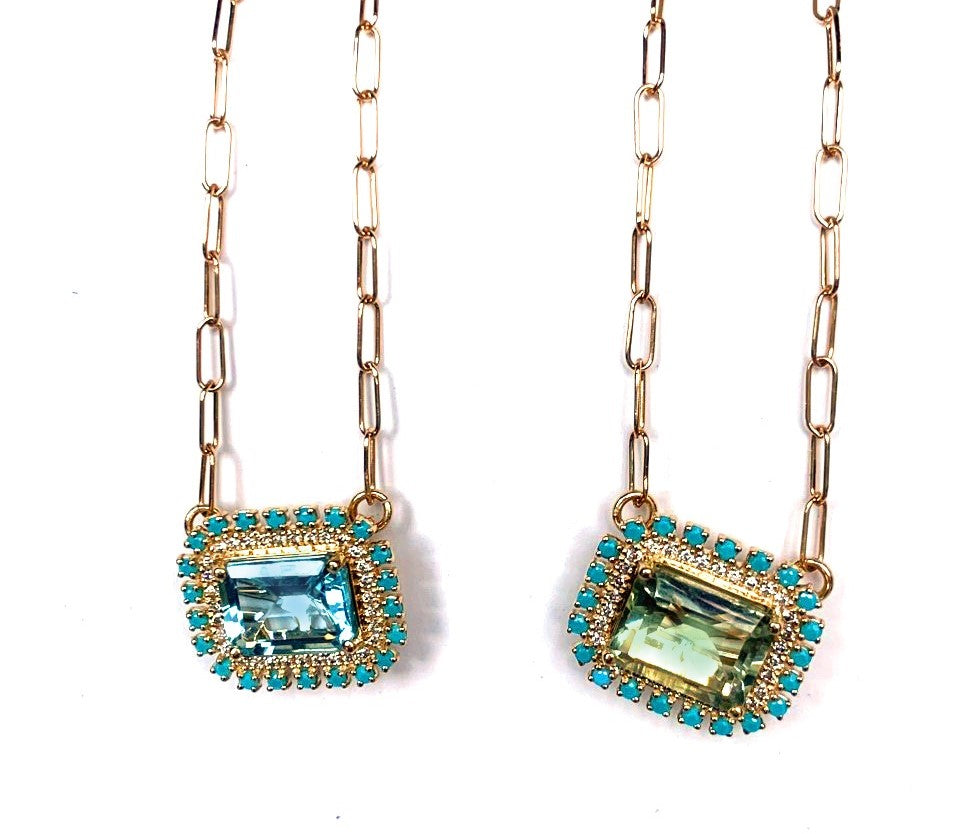 14k emerald green amethyst, turquoise & diamond necklace MN0755YAMG